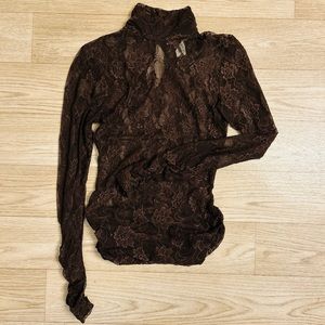 Arden B High Neck Sheer Lace Long Sleeve Mock Neck Blouse | Ruching | Size XS